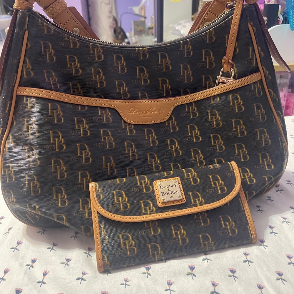 Dooney & Bourke Black and Tan Hobo Bag with Wallet & mini bag